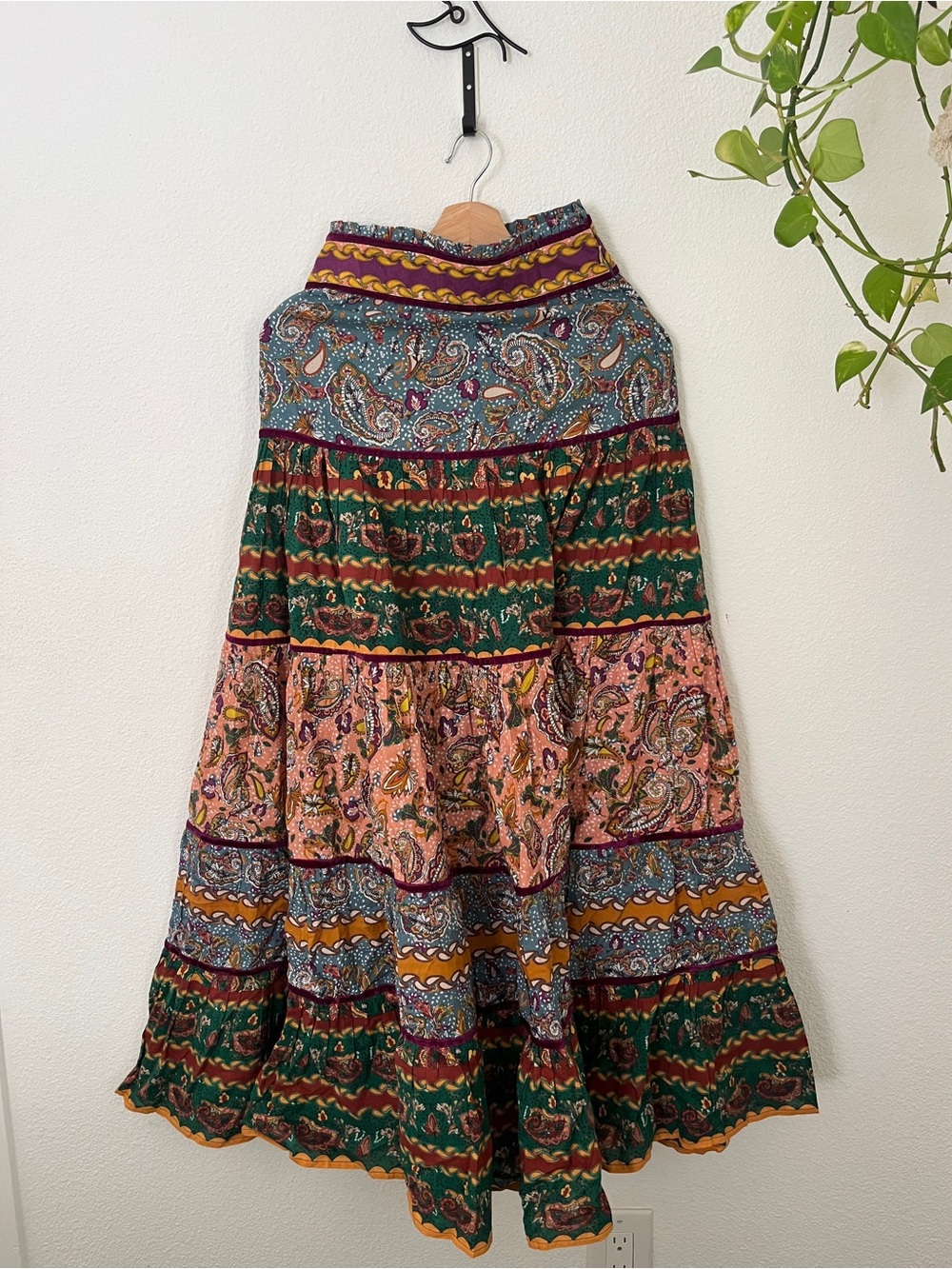 Carolina K Bohemian Tiered Multi-Print Maxi Skirt - Green/Pink